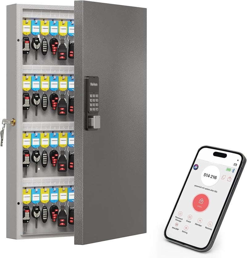 WeHere 96 Key Lock Box Wall Mount(Plus), Smart Security Storage Lockbox, Key Cabinet use APP Bluetooth/Fixed/Dynamic Password/OTP Share Unlock, Key Management for Valets/Realtors/Office - Image 1